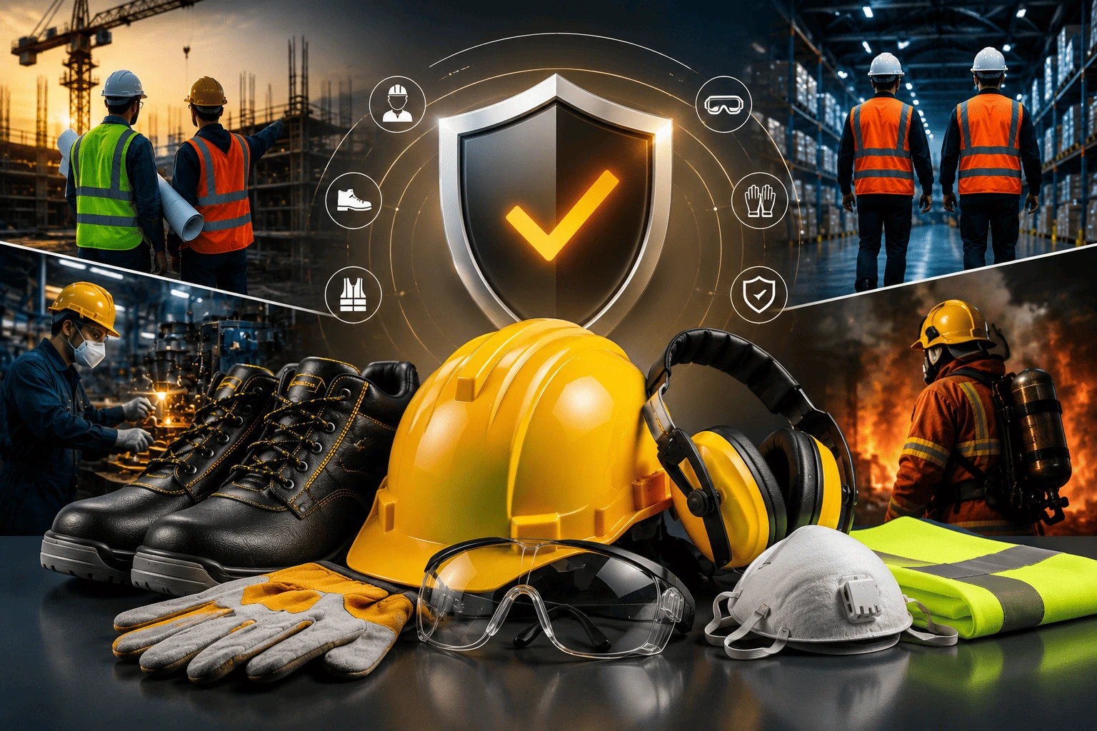 Industrial safety equipment — hard hat, vest, and PPE